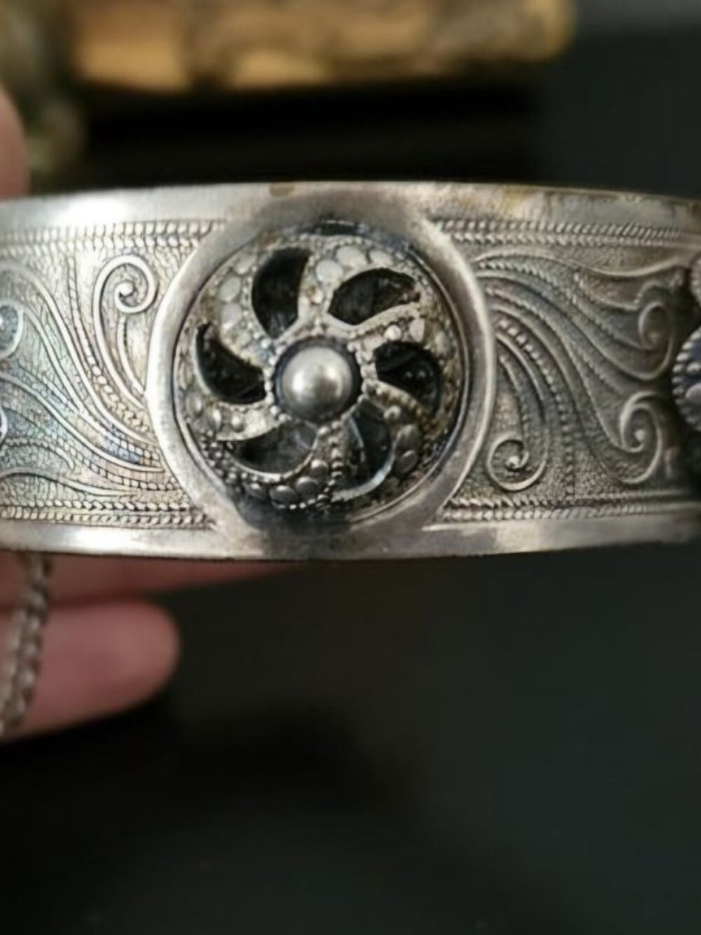 Silver-plated Egyptian Revival Hinge Bracelet with Closing Pin and Chain